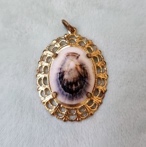 Vintage Genuine Shell Filigree Necklace Pendant Gold Tone Delicate Antique Charm
